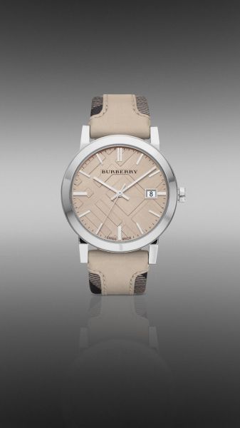 Burberry Beige 38mm Stainless Steel Watch with Smoked Check Leather Strap